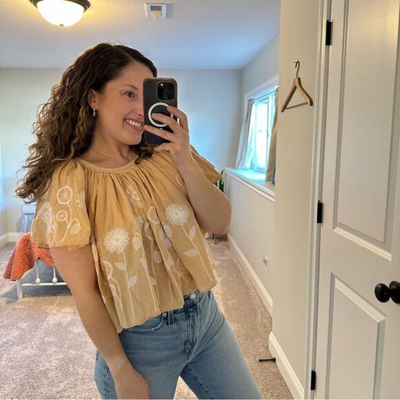 THE GREAT. Tan Cream White Floral Embroidered Blouse Top 0 Small - Picture 2 of 11